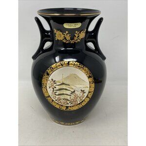 The Art of Chokin Black Vase With 24K Gold Trim Japanese Pagoda Mountains 8.5”